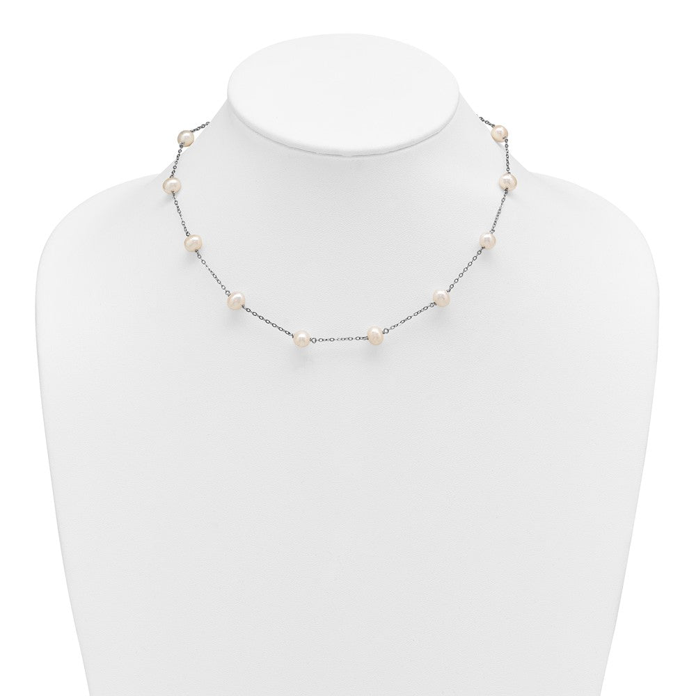 Sterling Silver Rhodium-plated 6-7mm White Near-Round Freshwater Cultured Pearl 12-Station 16 inch Necklace 16 Inches