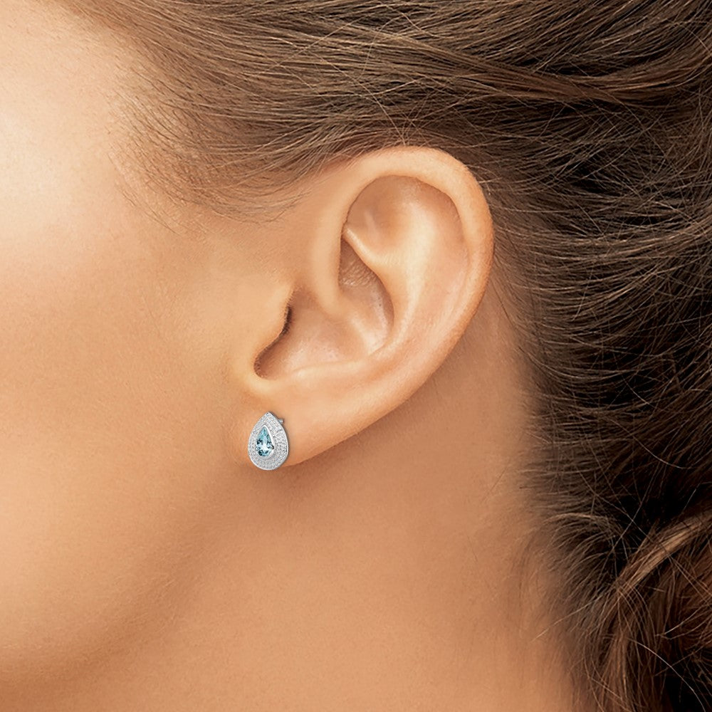 Sterling Silver Rhodium Aqua & Diamond Post Earrings