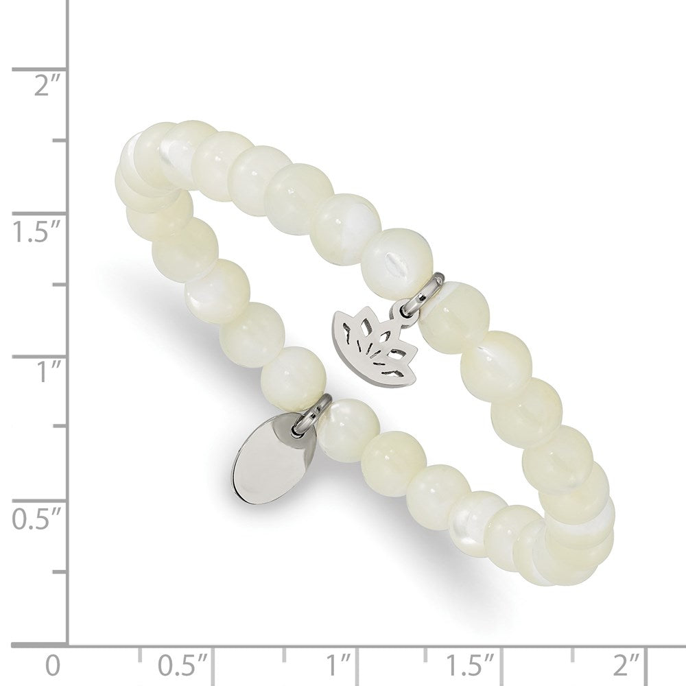 Stainless Steel Polished Lotus Mother of Pearl Beaded Stretch Bracelet 6.5 inches