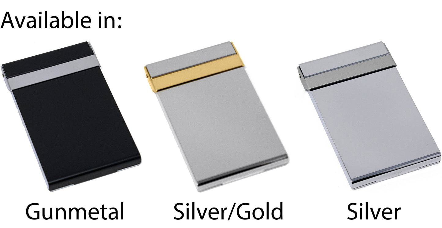 Set of 3 Brushed Metal Business Card Case Holders With Bar Closure Mechanism (Vertical, Silver Gold)