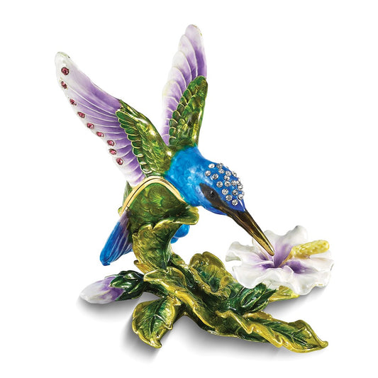 Luxury Giftware by Jere Bejeweled Crystals Gold-tone Enameled GRACEFUL FLIGHT Blue/Purple/Green Hummingbird Trinket Box with Matching 18 Inch Necklace
