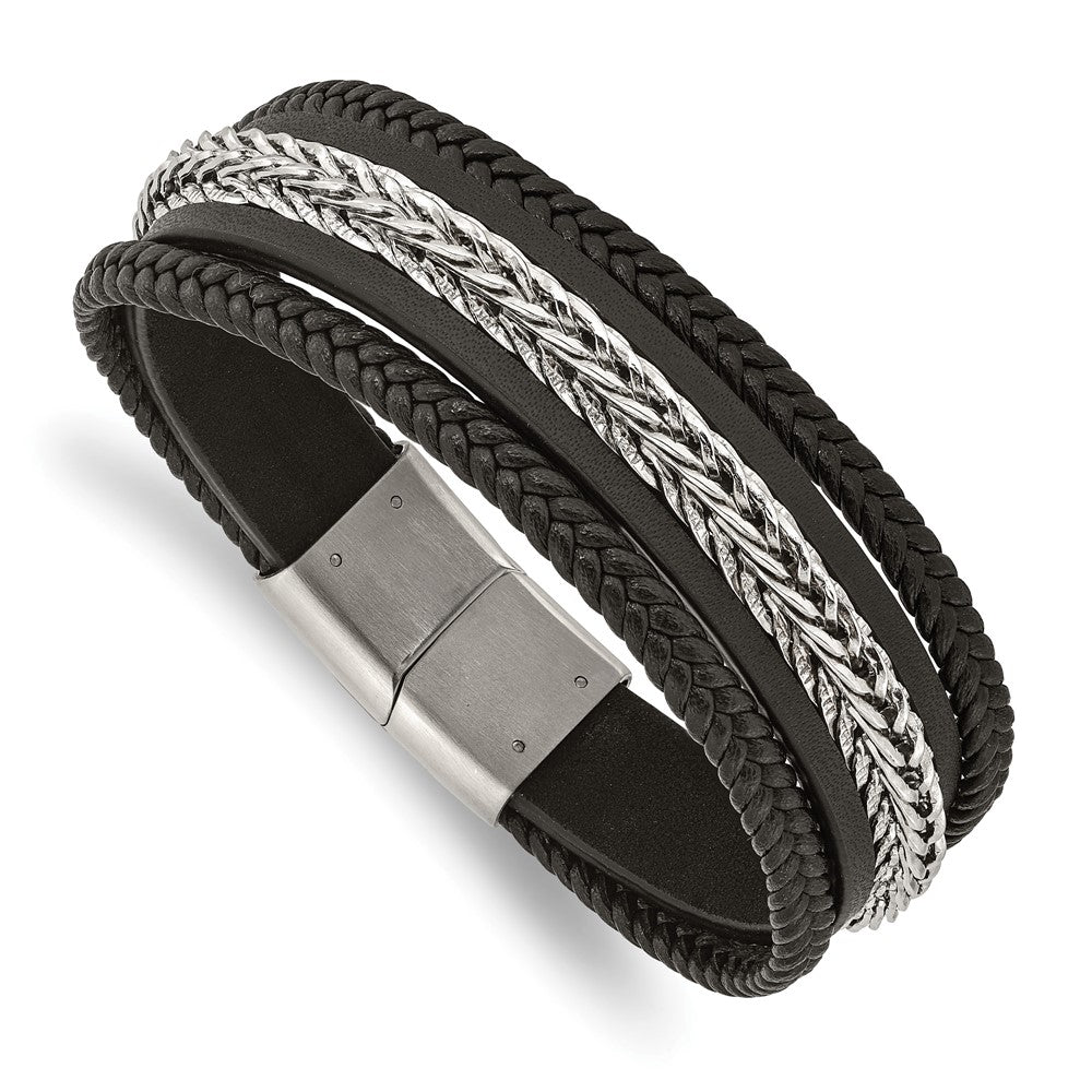 Stainless Steel Polished Black Leather Multi-Strand 8.5in Bracelet 8.5 inches