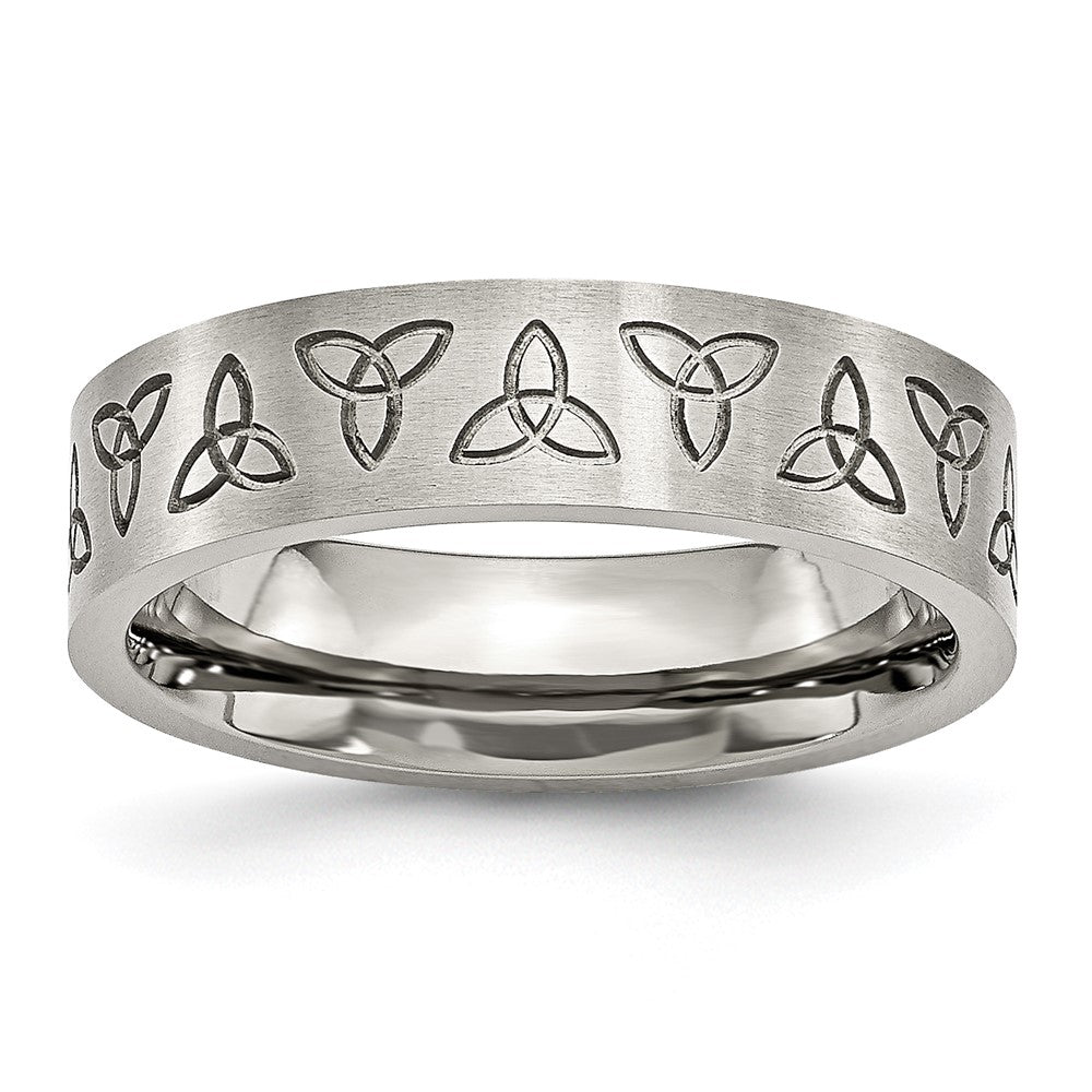 Stainless Steel Brushed w/Engraved Trinity Symbol 6mm Band Size - 11