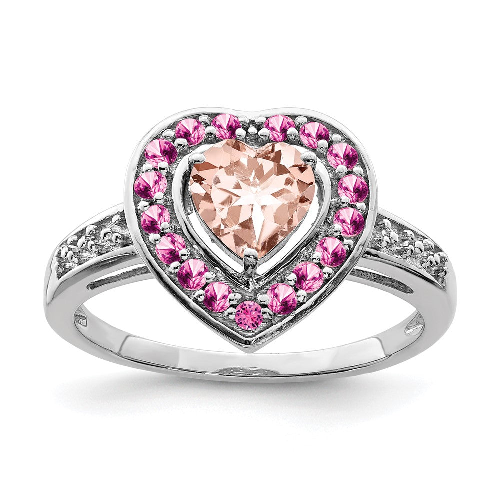 Sterling Silver Rhodium Morganite/Pink Sapphire/WT Heart Ring