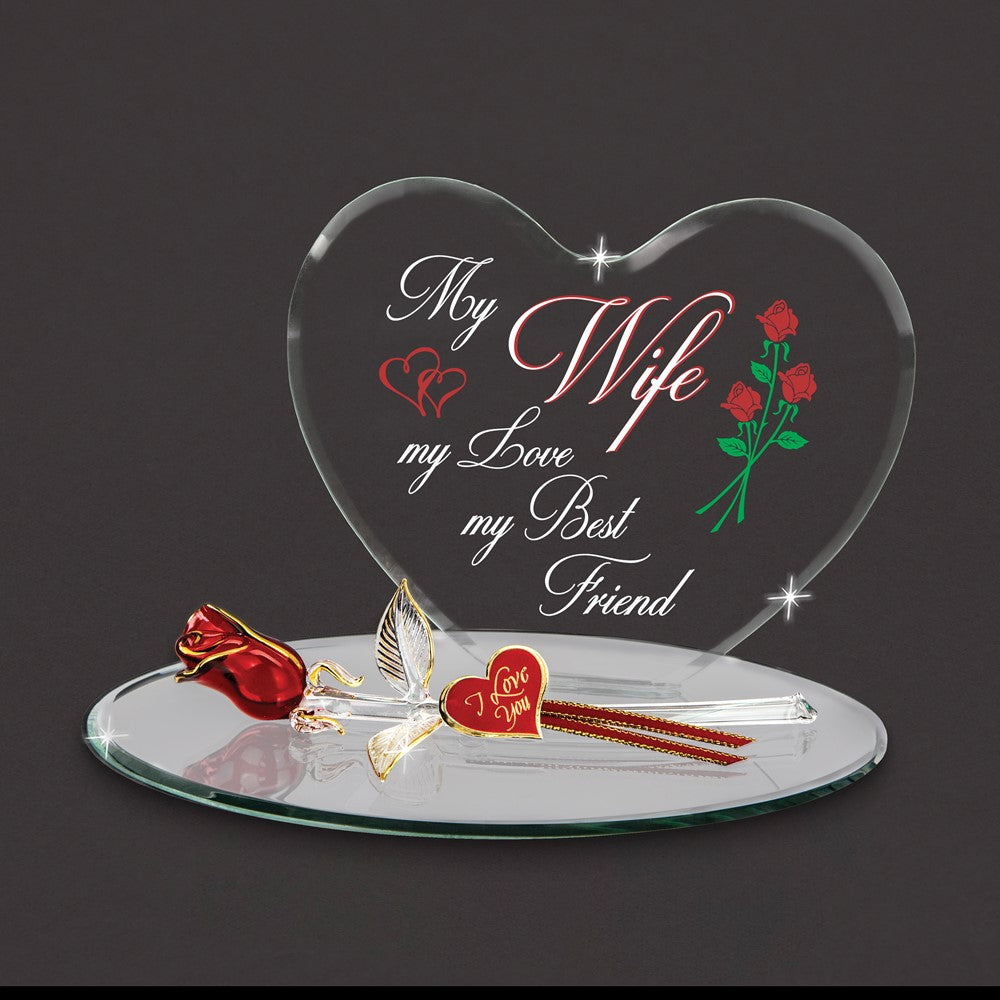 Glass Baron MY WIFE MY LOVE MY BEST FRIEND Heart with Red Rose Handcrafted Glass Figurine
