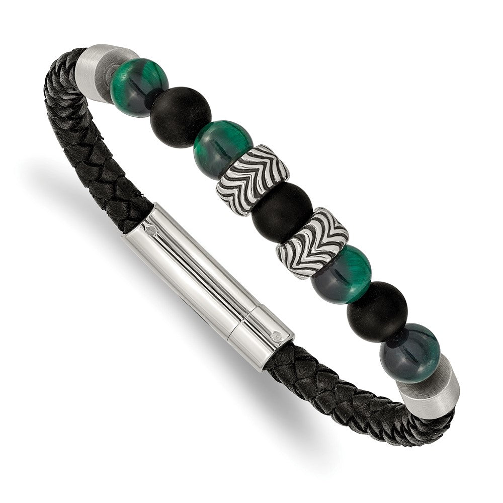 Stainless Steel Antiqued & Polished Black Agate/Green Tiger's Eye Leather B 8.5 inches