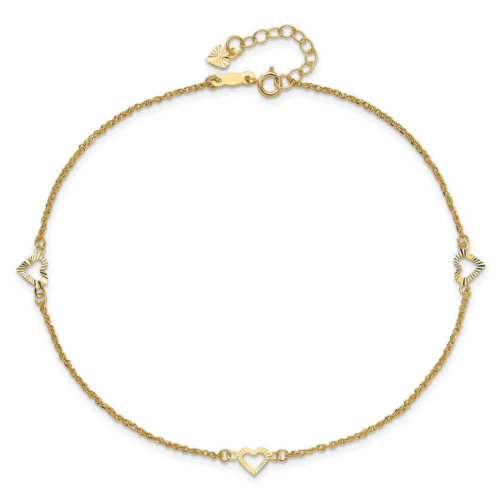 14k Diamond-cut Hearts 9in Plus 1in ext Anklet 10 inches