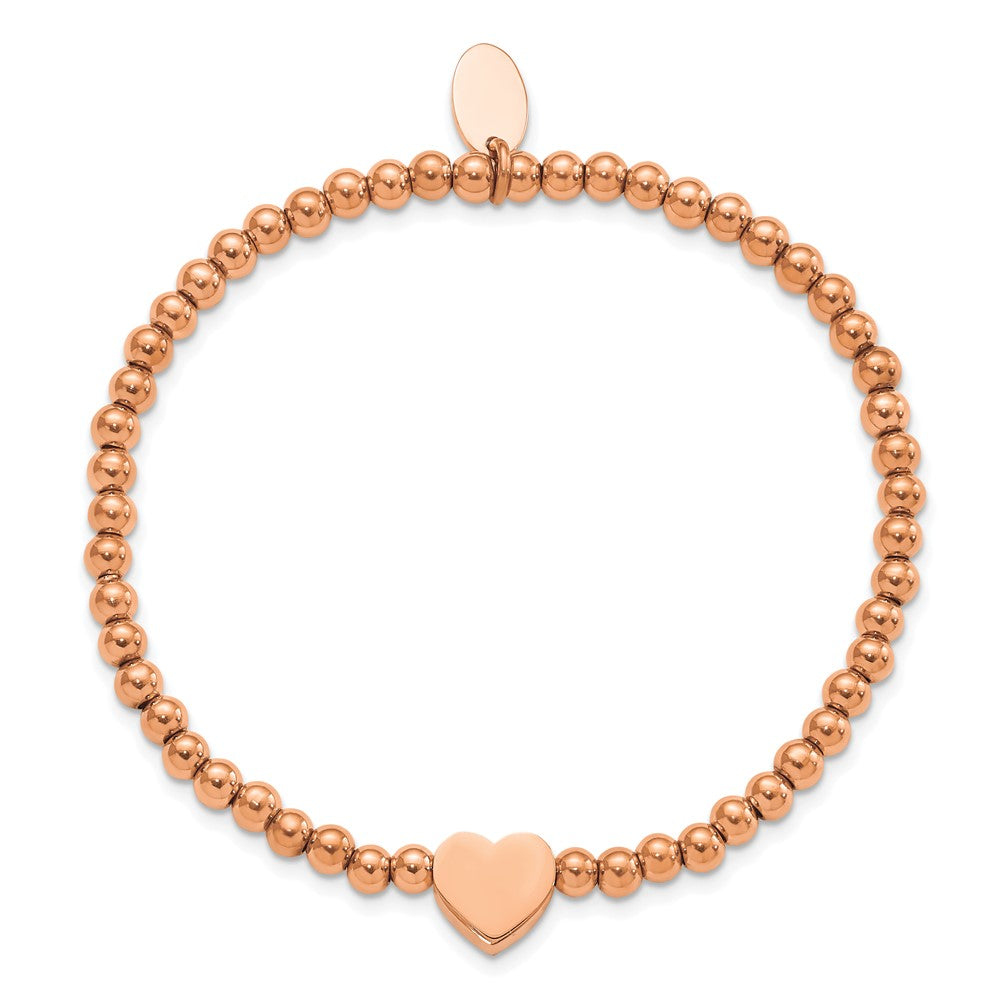 Stainless Steel Polished Rose IP-plated Heart Beaded Stretch Bracelet 6.5 inches