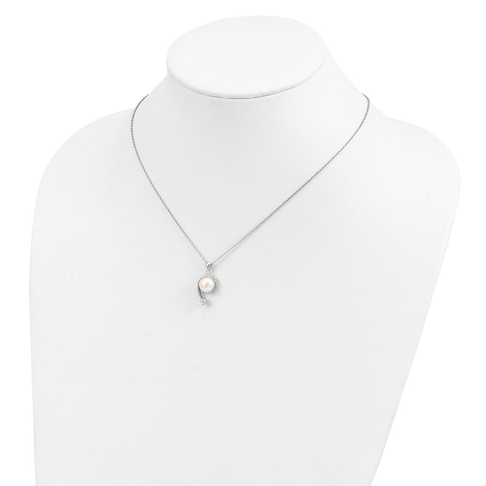 Sterling Silver Rhodium-plated 8-9mm White Button Freshwater Cultured Pearl and CZ 17 inch Necklace 17 Inches