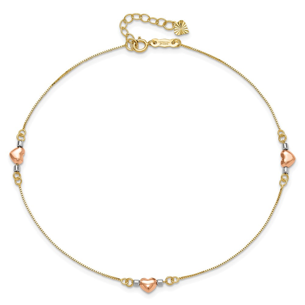 14k Tri-Color Puffed Heart 9in Plus 1in ext Anklet 9 inches