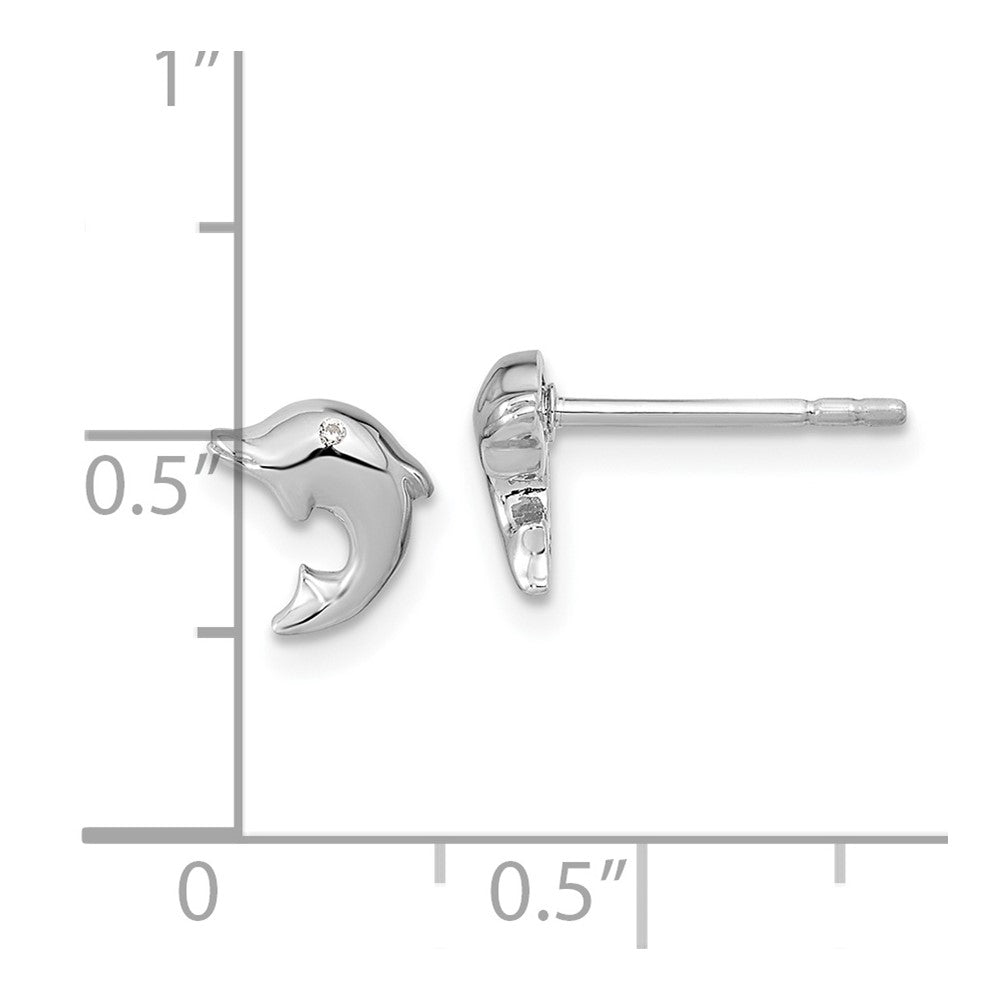 Sterling Silver RH-plated Polished CZ Dolphin Post Earrings