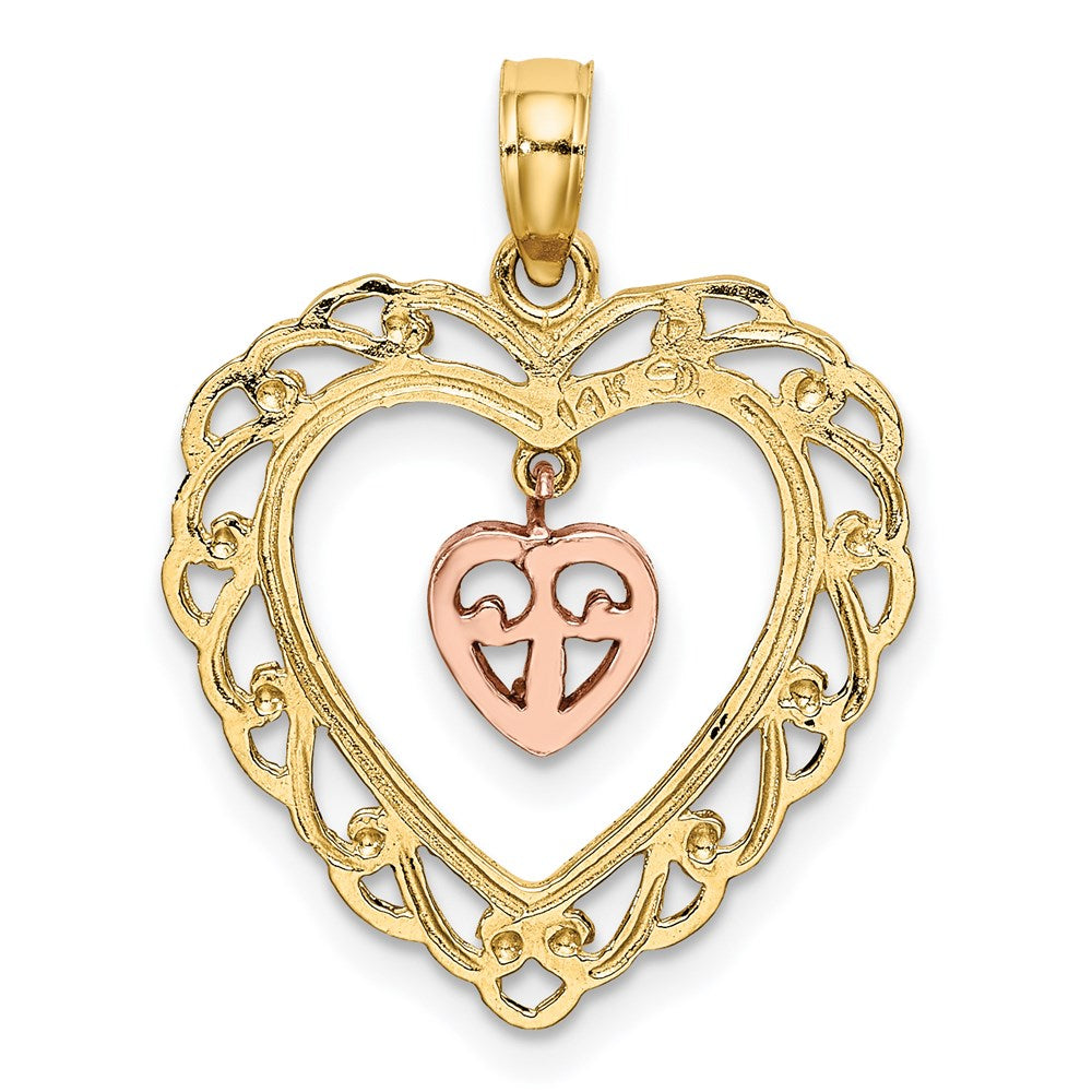 14k Two-Tone Diamond-cut Mini Heart In Center Heart Charm