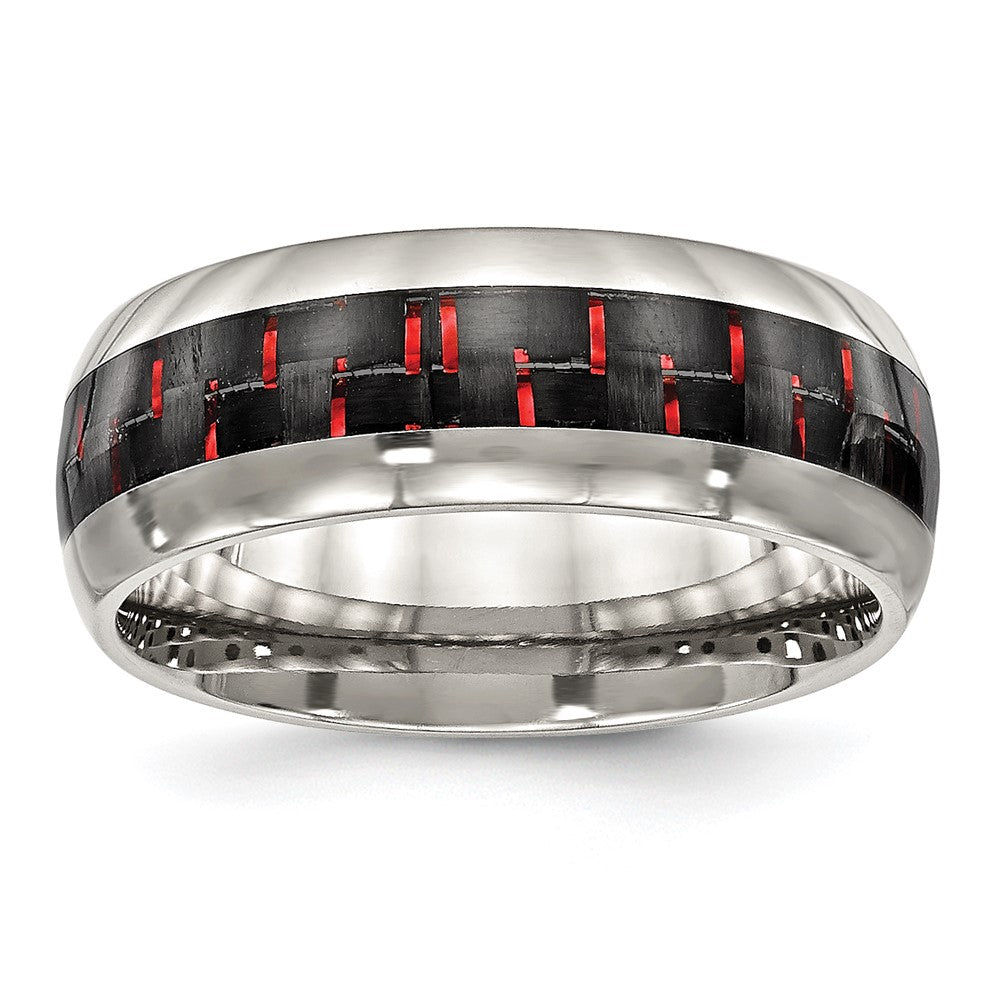 Stainless Steel Polished Black/Red Carbon Fiber Inlay 8mm Band Size - 9.5