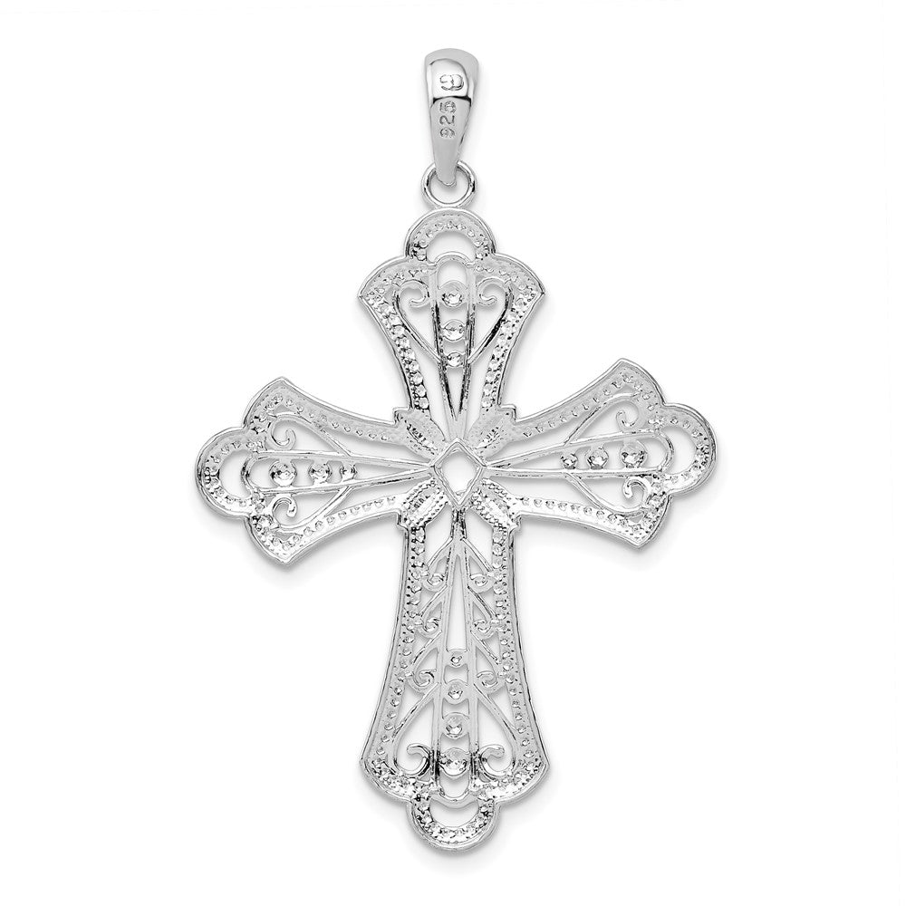De-Ani Sterling Silver Rhodium-Plated Filigree Fleur de Lis Cross Pendant
