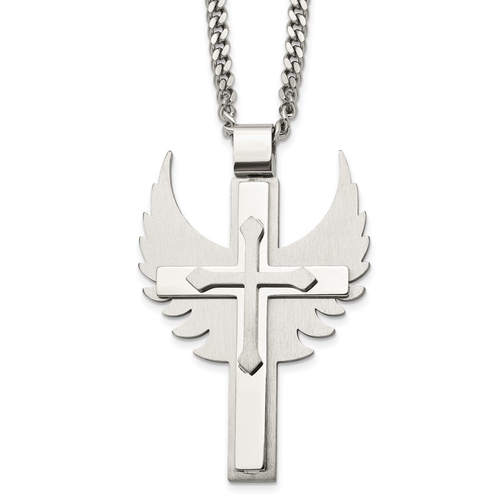 Stainless Steel Brushed and Polished Cross with Wings 20in Necklace
