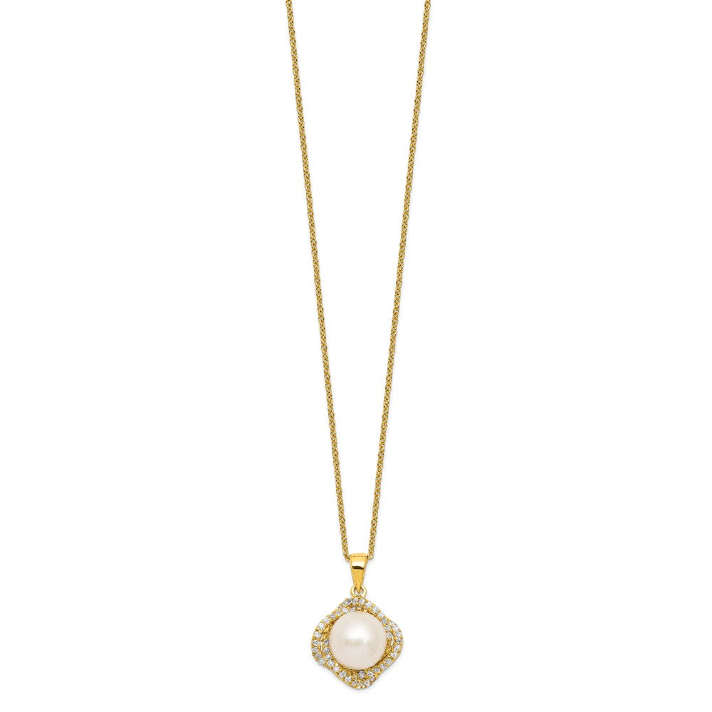 Sterling Silver Gold-plated Fancy Gallery FWC Button Pearl & CZ Necklace
