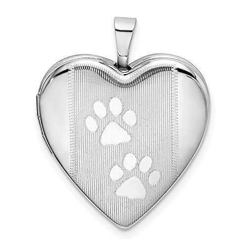 Sterling Silver Rhodium-plated Textured & Polished Paw Prints Heart Locket