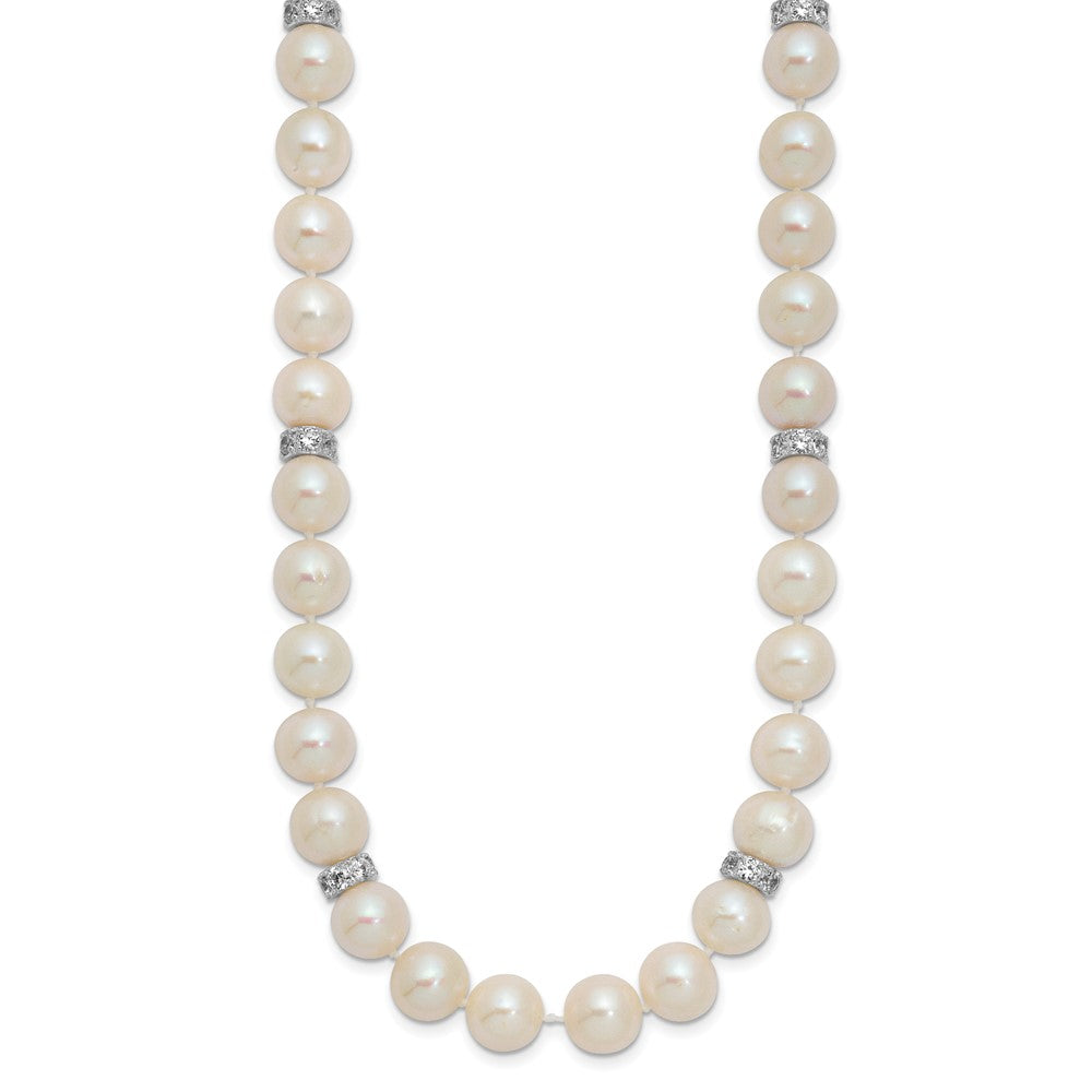 Sterling Silver Rhodium-plated 9-10mm White Near-Round Freshwater Cultured Pearl and CZ 18 inch Necklace 18 Inches