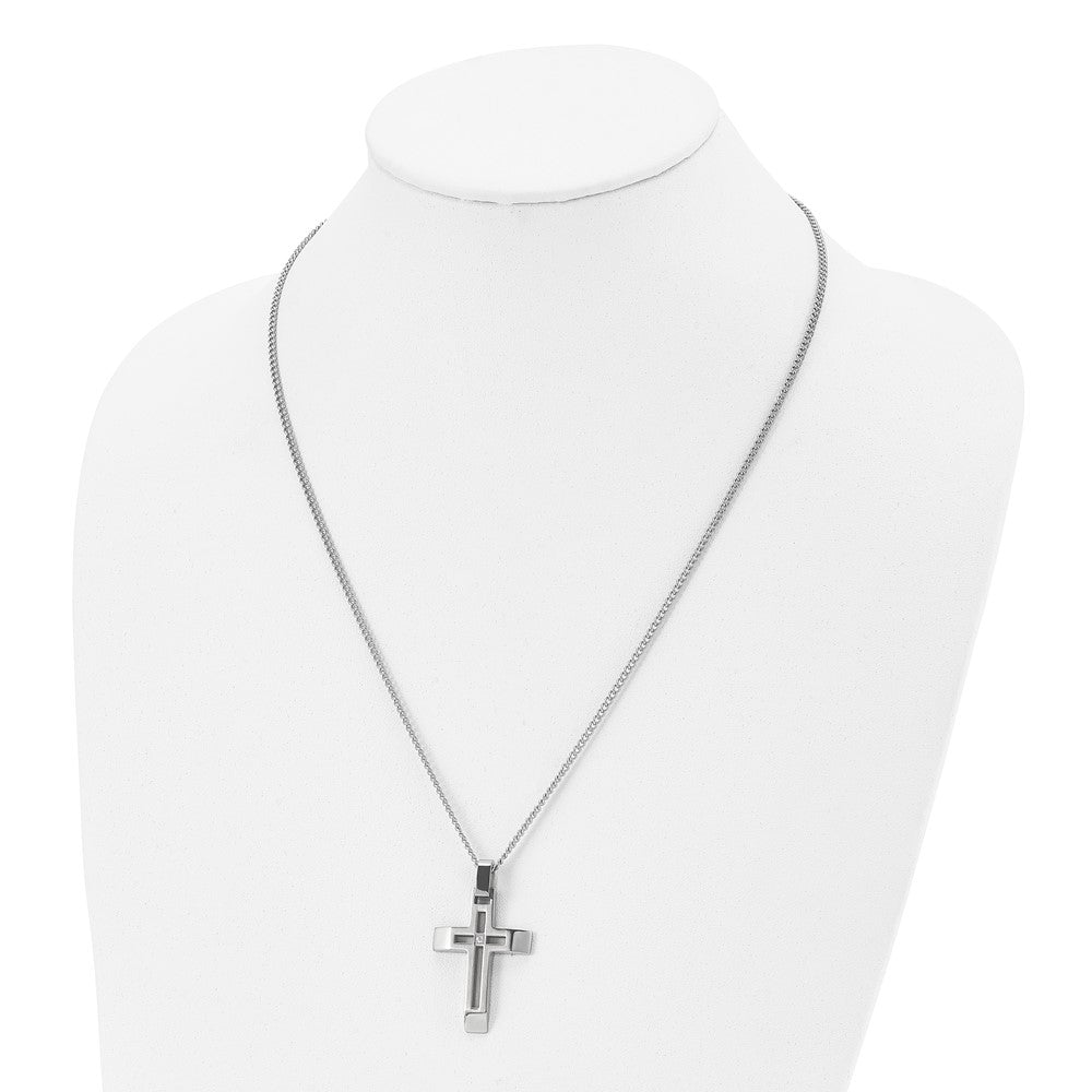 Stainless Steel Brushed and Polished Cross with CZ Necklace