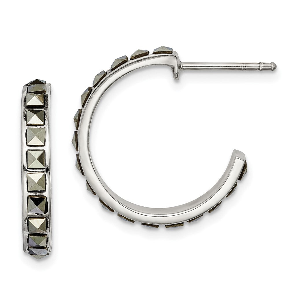 Sterling Silver Square Marcasite 20x3.5 Hoop Post Earrings