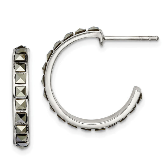 Sterling Silver Square Marcasite 20x3.5 Hoop Post Earrings