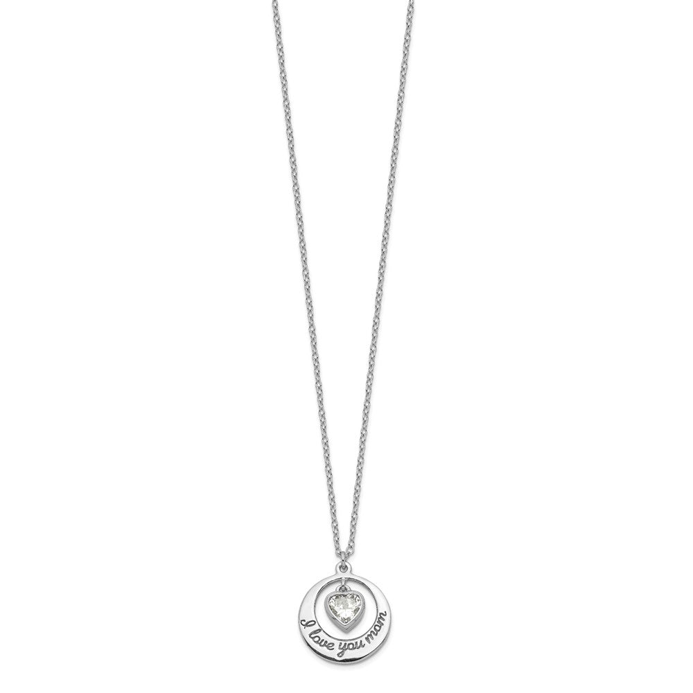 Sterling Silver Rhodium-plated I LOVE YOU MOM with CZ Heart Dangle 15 inch Necklace with 2 inch extension 15 Inches