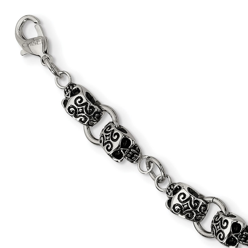 Stainless Steel Antiqued and Polished Skull 24in Necklace