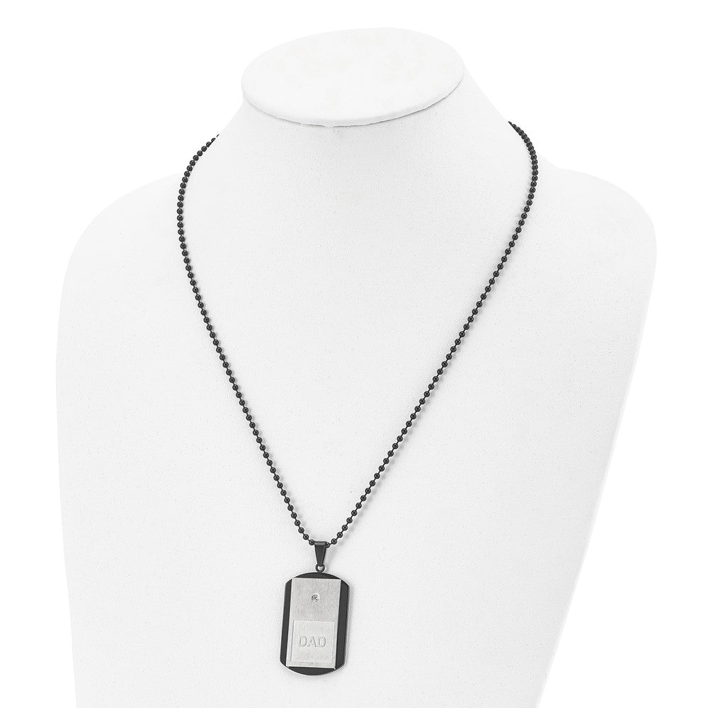 Stainless Steel Brushed & Polished Black IP w/CZ DAD Dog Tag Necklace