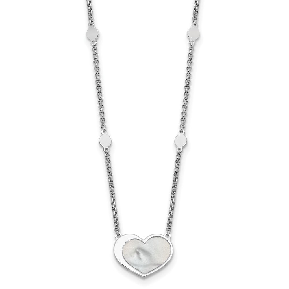 Sterling Silver Rhod-plated Mother of Pearl Heart 16in w/1in ext Necklace 16 Inches