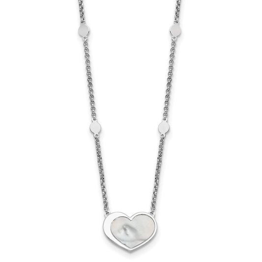 Sterling Silver Rhod-plated Mother of Pearl Heart 16in w/1in ext Necklace 16 Inches