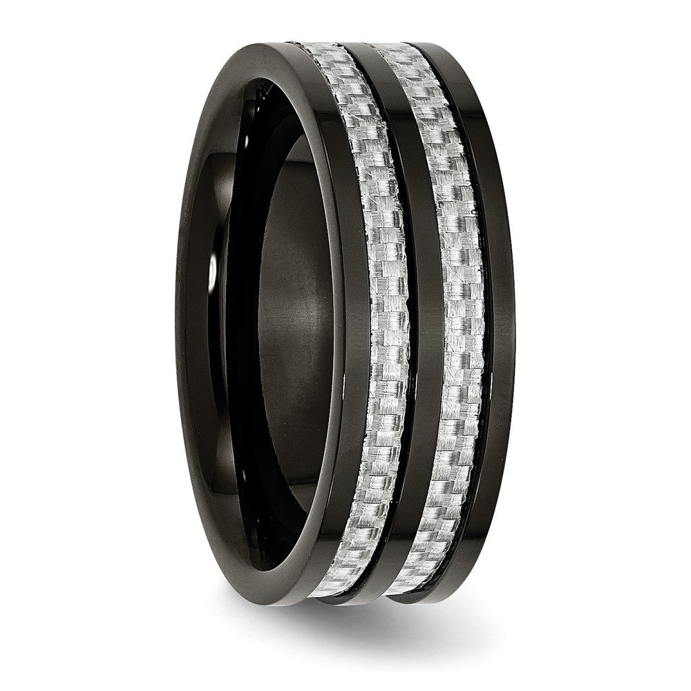 Stainless Steel Polished Black IP-plated Grey Carbon Fiber Inlay 8mm Band Size - 8