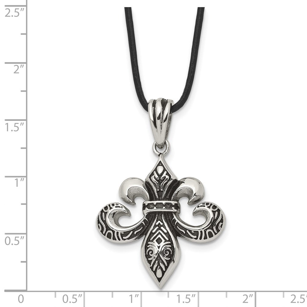 Stainless Steel Antiqued and Polished Fleur de lis w/Leather Cord Necklace