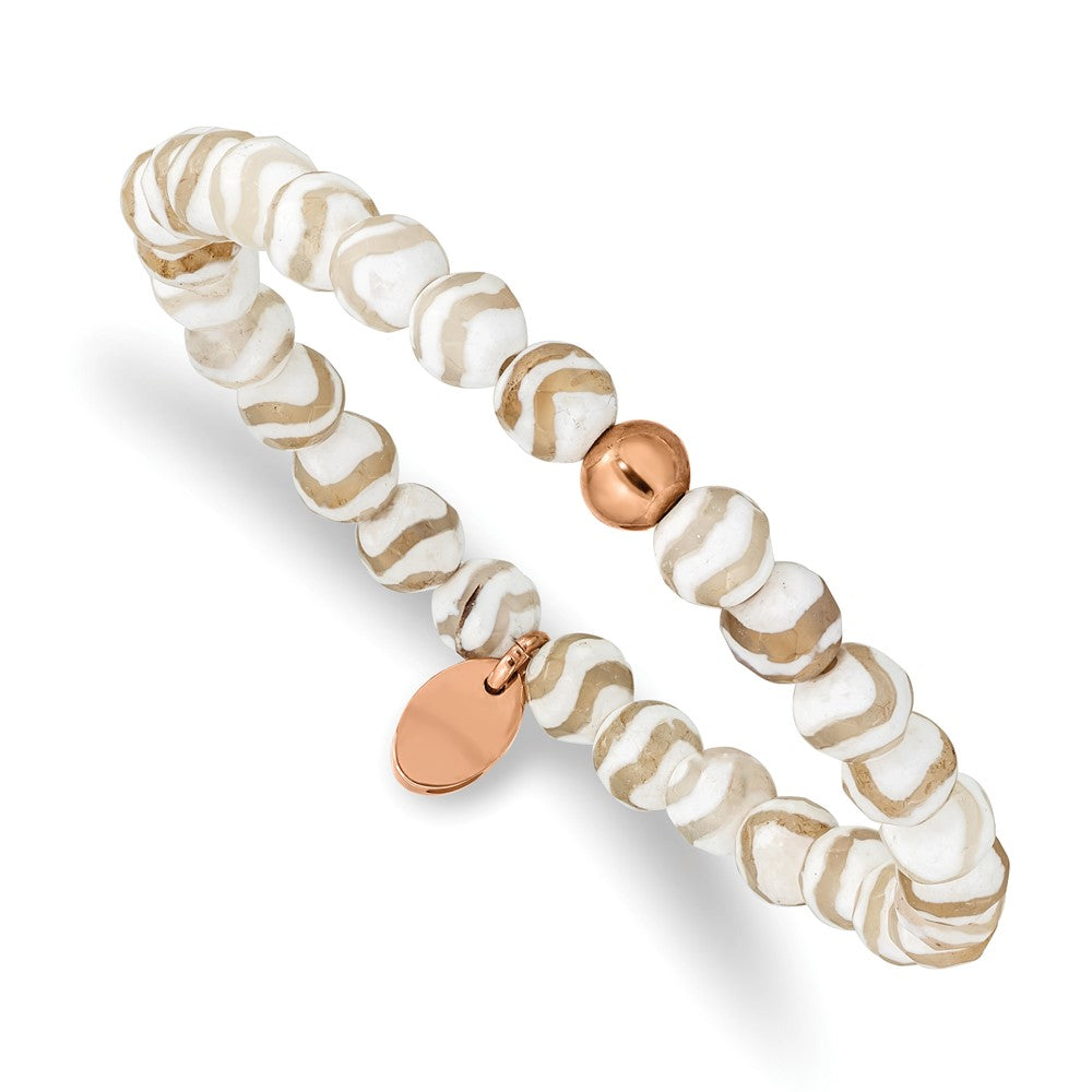 Stainless Steel Polished Rose IP White Wave Agate Stretch Bracelet 6.25 inches