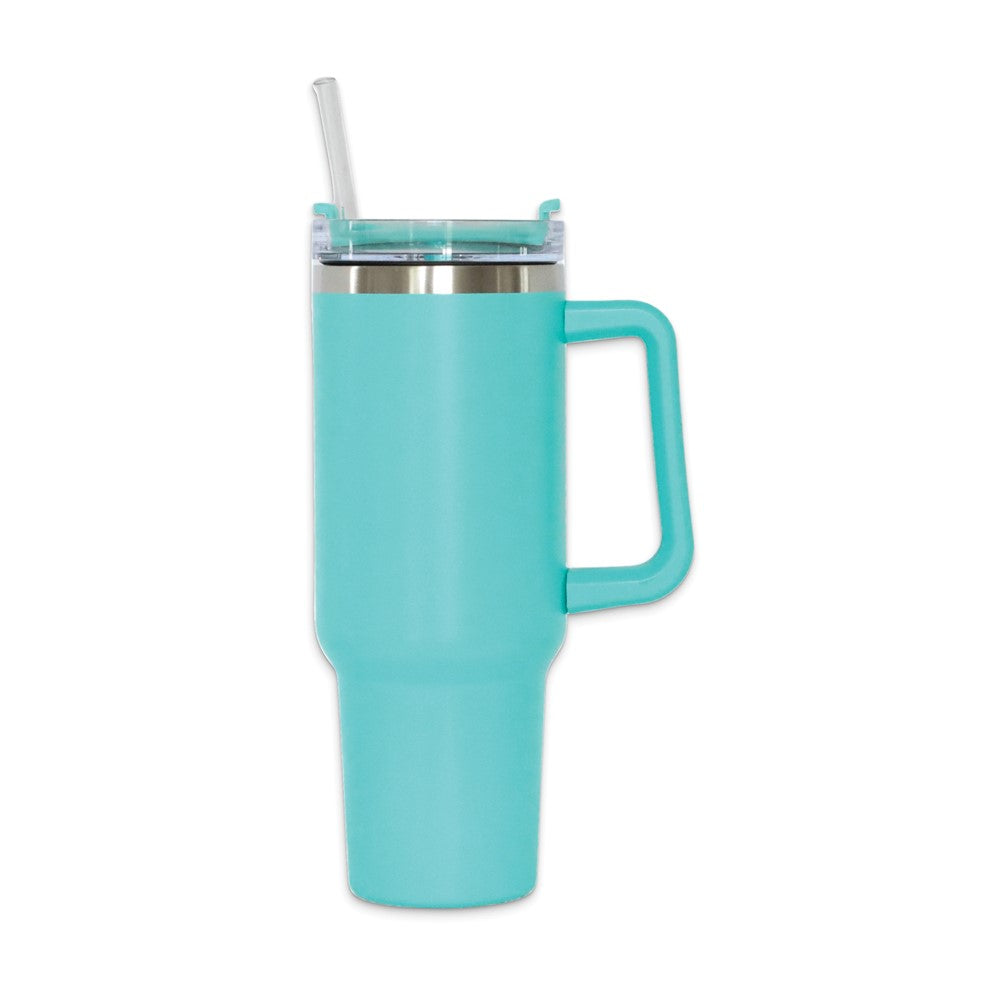 Stainless Steel Aqua Blue 40 ounce Handle Travel Mug with Straw