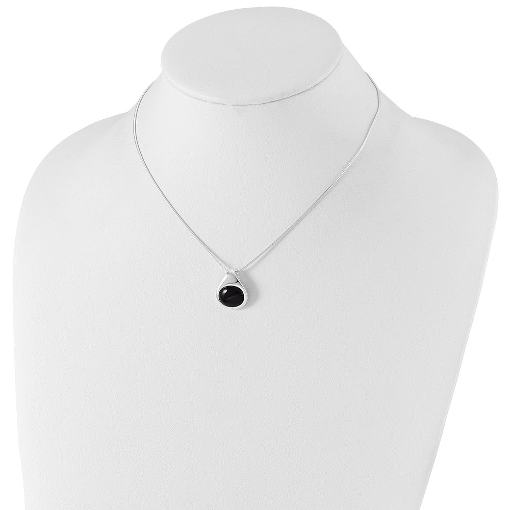 Sterling Silver Rhodium-plated Round Onyx Pendant Necklace 16 Inches