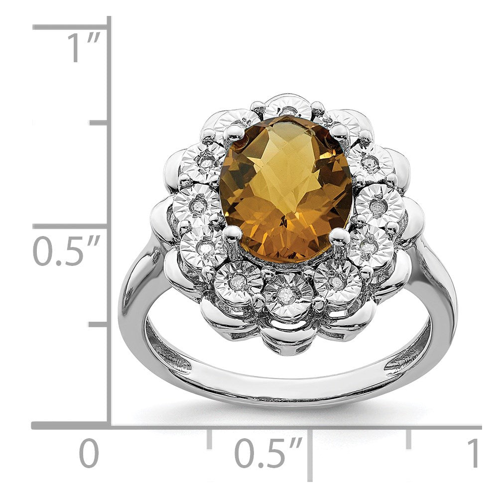 Sterling Silver Rhodium Diam. & Oval Checker-Cut Whiskey Quartz Ring