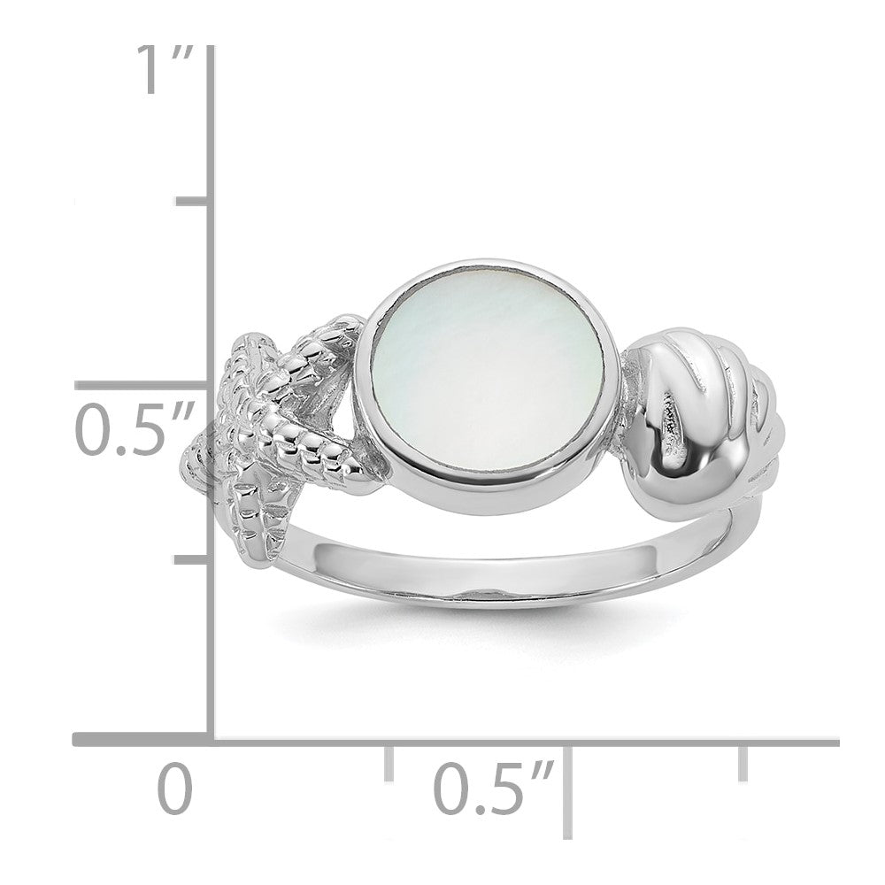 Sterling Silver Rhodium-plated Polished Oval Mother of Pearl and Sea Shell with Starfish Size 7 Ring