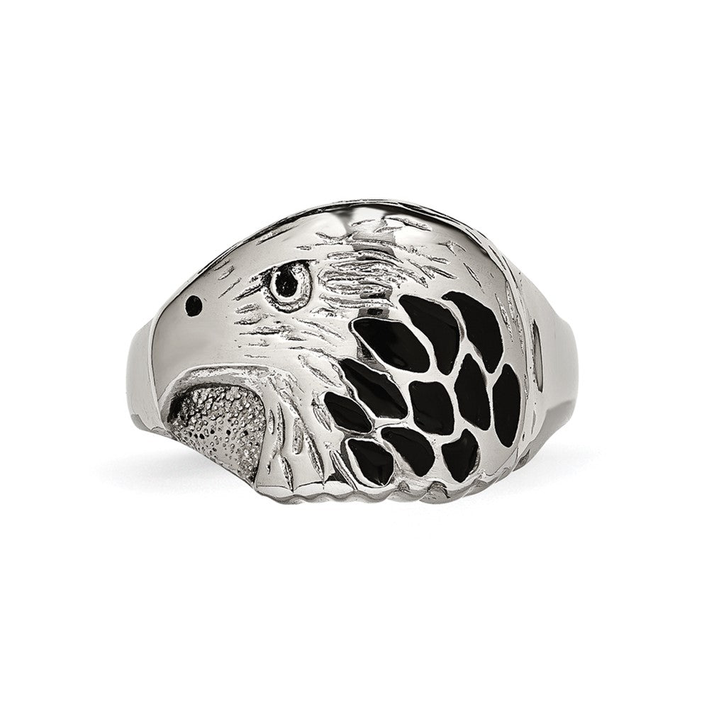 Stainless Steel Polished and Textured Black Enameled Eagle Ring Size - 11