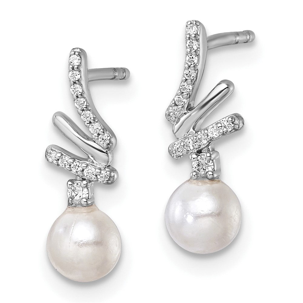 14K White Gold Polished Diamond and Pearl Drop Post Earrings