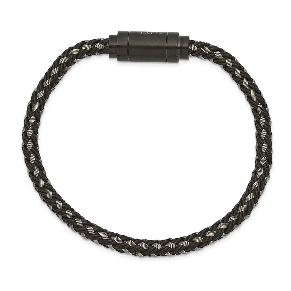 Stainless Steel Polished Black IP Braided Wire & Rubber 8.25in Bracelet 8.25 inches