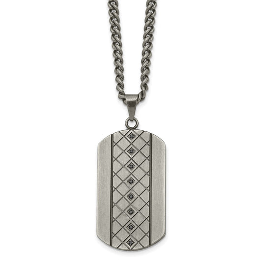 Stainless Steel Brushed and Textured w/Black CZ Dog Tag 22in Necklace
