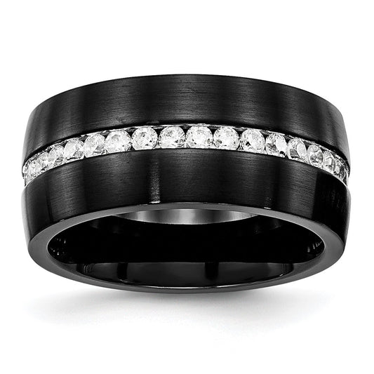 Stainless Steel Brushed and Polished Black IP-plated w/CZ 10mm Band Size - 8
