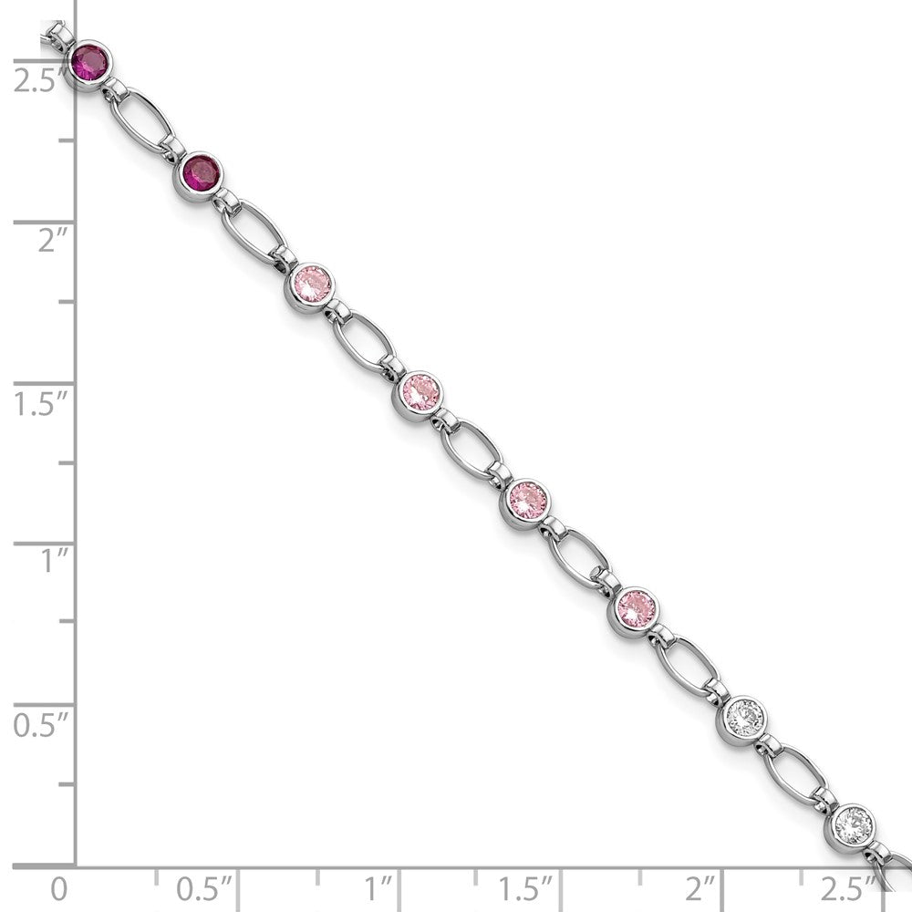 Sterling Silver Rhodium-plated Polished Red Pink Clear CZ Bracelet 7.25 inches