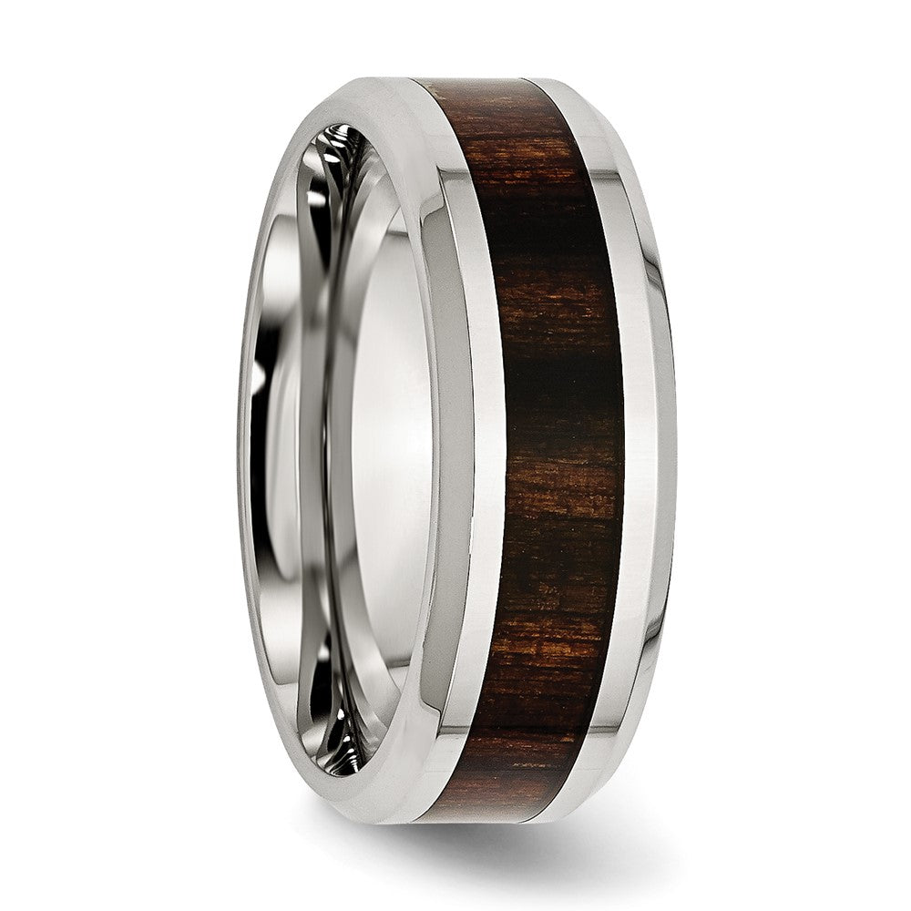 Stainless Steel Polished Black Koa Wood Inlay Enameled 8mm Band Size - 12