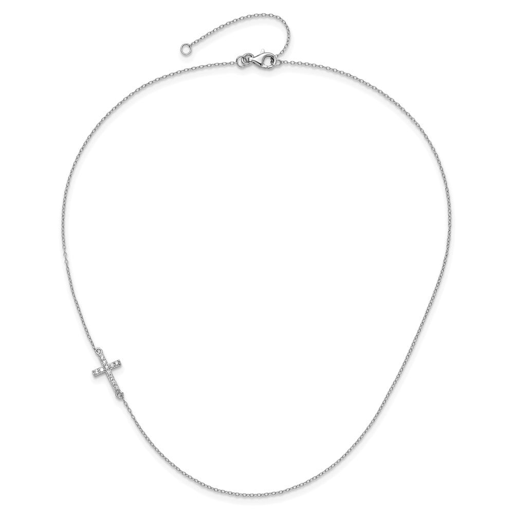 Sterling Silver Rhod-pltd CZ Offset Sideways Cross w/2in Ext Necklace 16 Inches