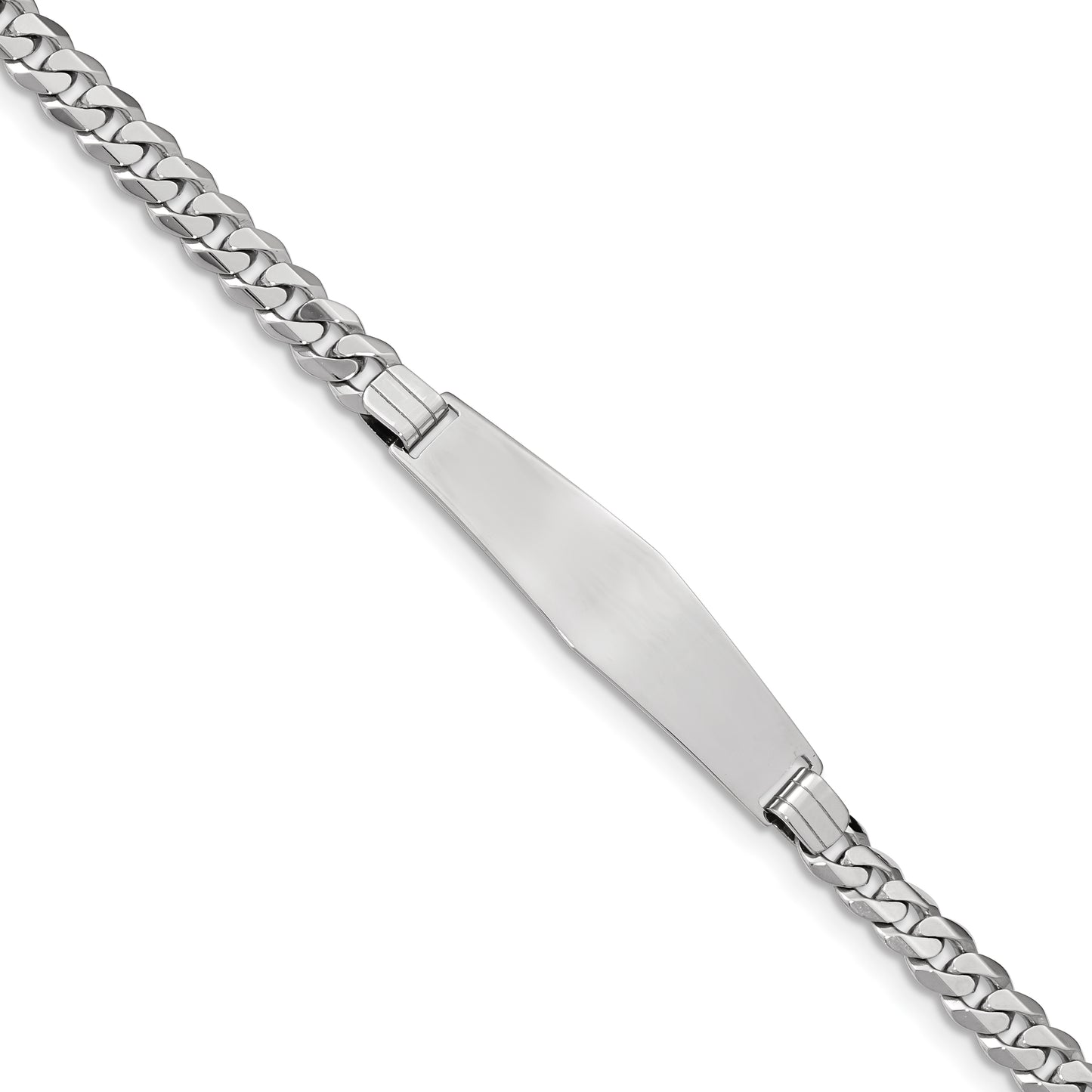14k White Gold Polished Solid Chain/Solid Plate Flat Curb Link Soft Diamond Shape 38.5x10mm Plate 8 inch ID Bracelet