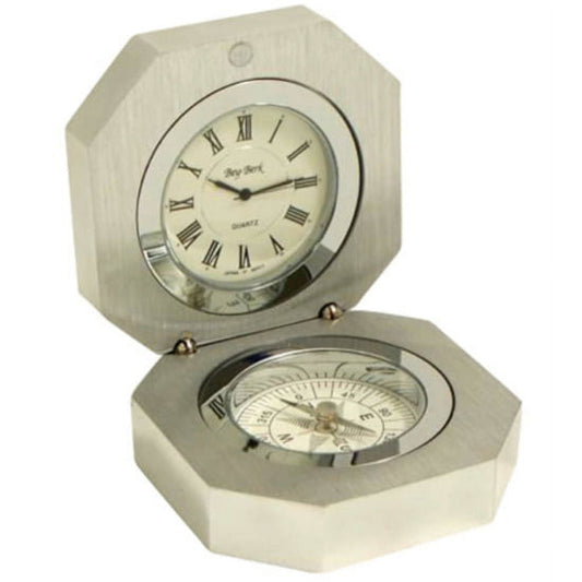 Bey-Berk International SQ667T Compass & Clock in Stainless Steel Hinged Case - Silver