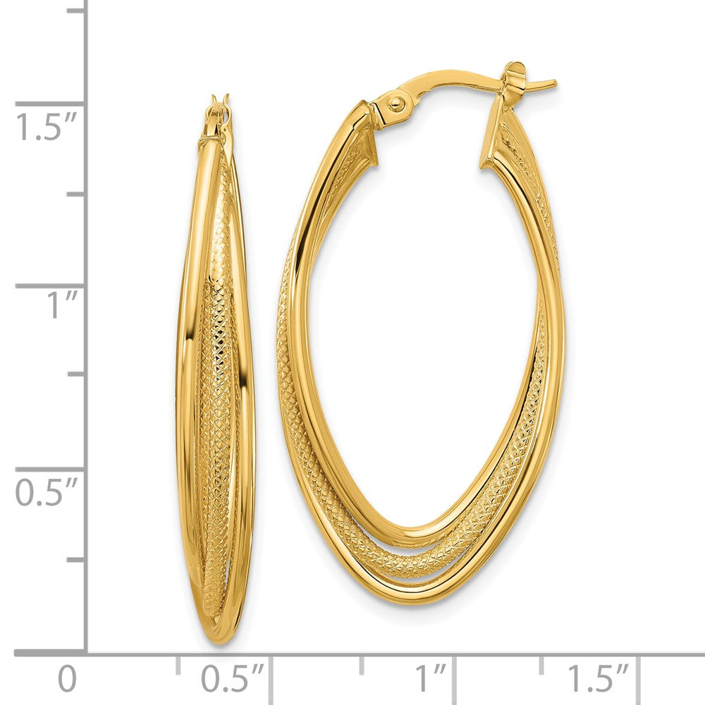 10k Polished and Textured Triple Oval Twist Hoop Earrings