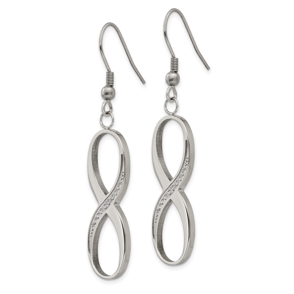 Stainless Steel Polished w/CZ Infinity Dangle Shepherd Hook Earrings