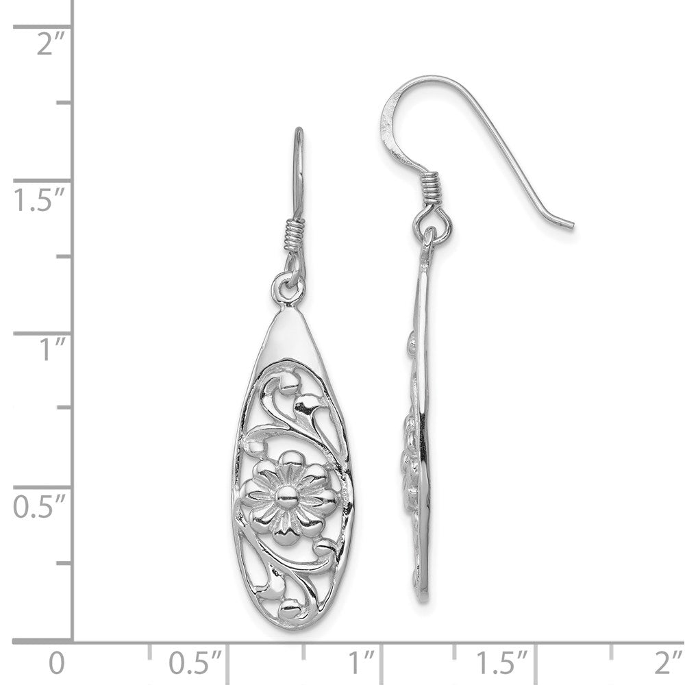 Sterling Silver Rhodium-plated Polished Fancy Flower Dangle Earrings
